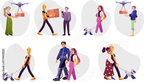 Smart city scenes vector flat set, cartoon people and robotic dog, robot and quadcopter deliver post package, cyborg man
