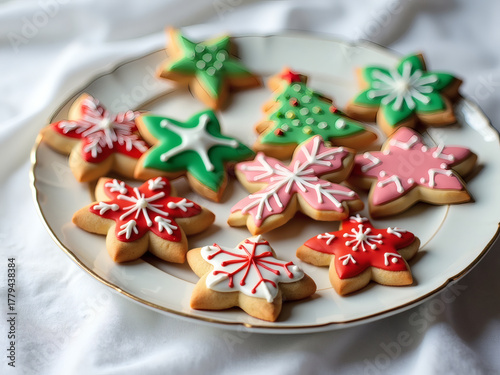 Colorful homemade holiday cookies shaped like stars, trees, and snowflakes arranged beautifully on a decorative plate
