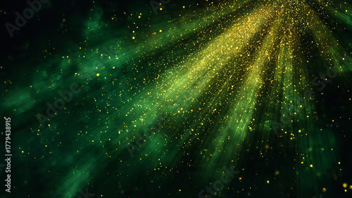 Asymmetric green light burst, abstract beautiful rays of lights on dark green background with the color of green and yellow, golden green sparkling backdrop with copy space