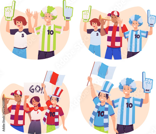 People crowd of cheering sport fans with flags and posters, scarves and hats, wig, supporting team groups vector set