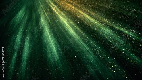 Asymmetric green light burst, abstract beautiful rays of lights on dark green background with the color of green and yellow, golden green sparkling backdrop with copy space