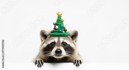 raccoon wearing a Christmas tree hat, holiday animal graphic, on a white background