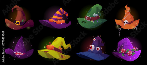 Set of witch hats of different shapes, colors, with pumpkin, web, eyes, glowing particles.