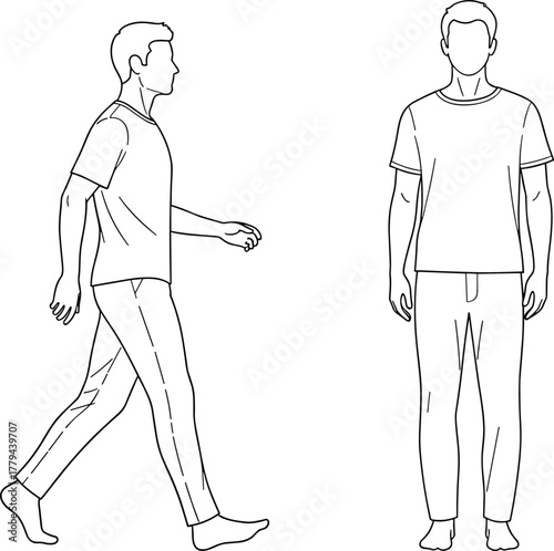 Male fashion figure template walking and standing pose, clothing sketch outline for apparel design, vector line art model illustration