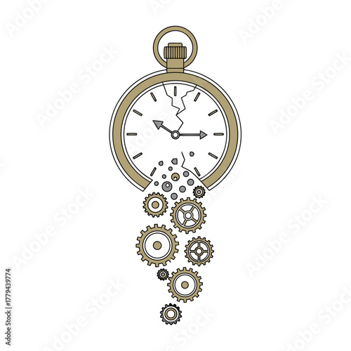 Broken pocket watch spilling gears and time, symbolizing urgency and deadline pressure in business