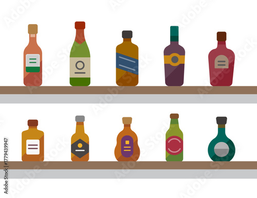 棚に並ぶお酒ボトル10種のイラスト（フラットデザイン、エディトリアル、アイコン）