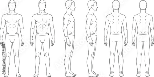 Male human body outline front side back and profile view anatomy reference chart for medical education drawing and illustration template