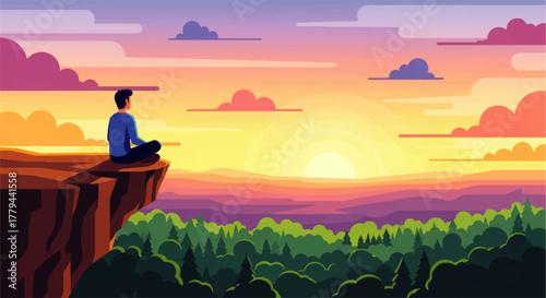 Man meditating on a cliff at sunset, overlooking a forest.