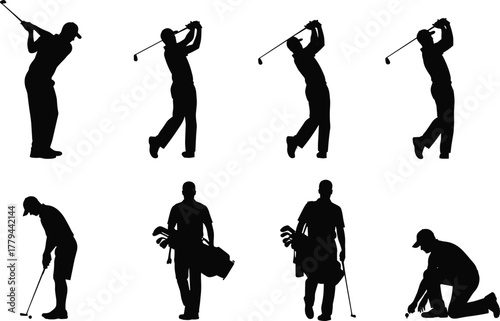 Golf silhouettes, swing poses, golfer actions, black vector illustration, golf bag, putting, tee setup, athletic motion, sports design, leisure