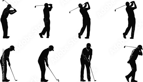 Golf swing silhouettes, black vector illustration, athletic motion, golf technique stages, sports training, golfer poses, impact, follow-through, stance, setup