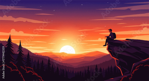 Person sitting on cliff edge watching sunset over mountains.