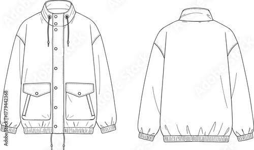 Technical sketch of high-collar jacket, front and back view, snap button placket, flap pockets, ribbed cuffs, fashion design, illustration