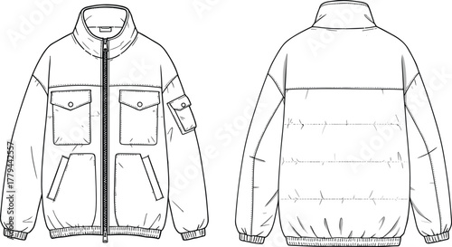 Technical sketch of high-collar padded jacket, front and back view, flap pockets, sleeve patch, elastic cuffs, fashion design, illustration