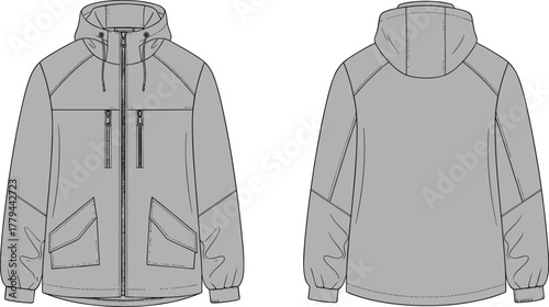 Technical sketch of hooded raglan jacket, front and back view, zipper closure, flap pockets, elastic cuffs, fashion design, illustration