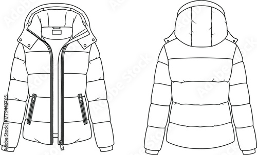 Technical sketch of hooded quilted puffer jacket, front and back view, flap pockets, ribbed cuffs, snap buttons, fashion design, illustration