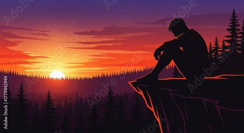 Silhouette of a man sitting on a cliff at sunset, looking at the horizon.