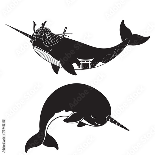 Samurai Narwhal with Torii Gate and Simple Narwhal Silhouettes