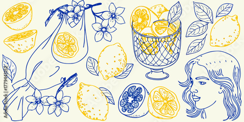 Artistic sketch of lemons and flowers with a woman s profile in blue and yellow on a cream background