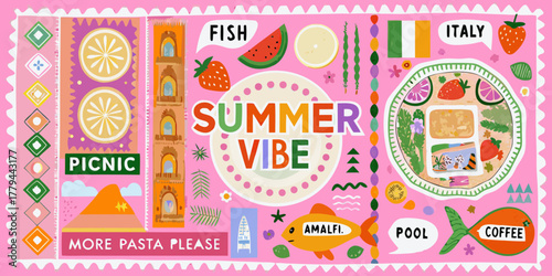 Vibrant summer vibe collage featuring italian food fruits and beach elements