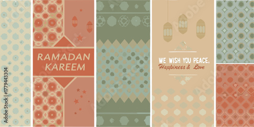 Ramadan kareem greeting card with islamic patterns lanterns and wishes for peace happiness and love