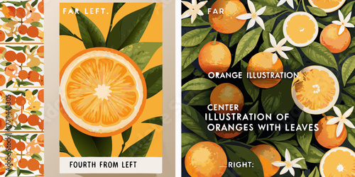 Vibrant citrus collection featuring oranges and leaves in artistic illustrations and patterns
