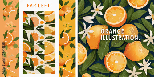 Vibrant orange fruit and blossom illustrations with leafy backgrounds and text