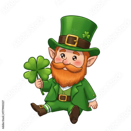 Wallpaper Mural Cheerful cartoon leprechaun with long red beard, green suit, and top hat, sitting, gently presenting a large four-leaf clover on a transparent background with floating shamrocks, joyful St. Patrick's Torontodigital.ca
