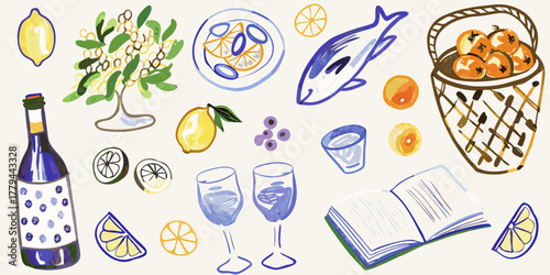 Watercolor illustration of a still life arrangement featuring wine fruit fish and a book