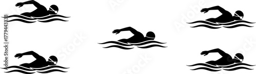 Dynamic silhouette of swimmers in action amidst stylized water waves