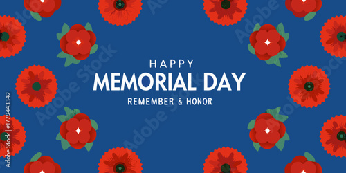 Happy memorial day remember and honor with red poppies border on blue background
