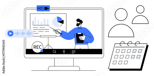 Digital screen displaying a presenter, graphs, and virtual meeting tools thumbs up audio recording, HD video, and calendar. Ideal for remote work, online education, collaboration, data sharing