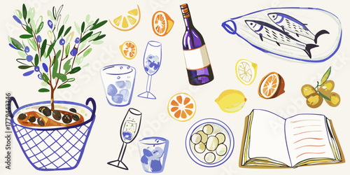 A vibrant illustration of a mediterranean still life featuring an olive tree citrus fruits wine and seafood