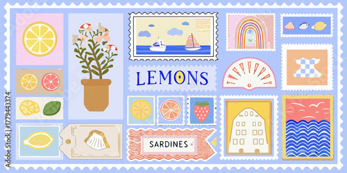 Collection of whimsical illustrated postage stamps featuring fruits flowers and nautical themes
