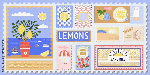 Collection of whimsical postage stamps featuring lemons sardines and coastal scenes in a flat design style