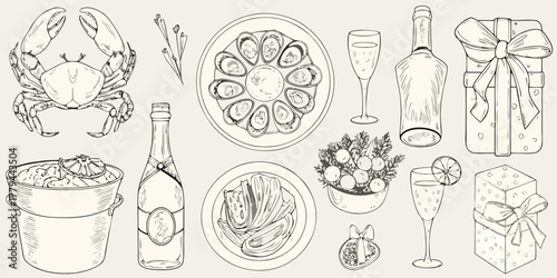 Elegant hand drawn illustration of a seafood feast with champagne and gifts for celebration