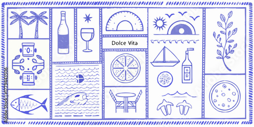 Whimsical hand drawn collage of italian dolce vita lifestyle elements in blue ink on white