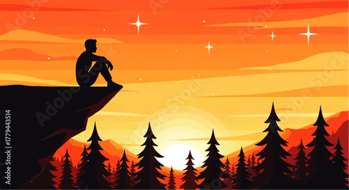 Silhouette of a person sitting on a cliff edge at sunset with trees and mountains in the background.