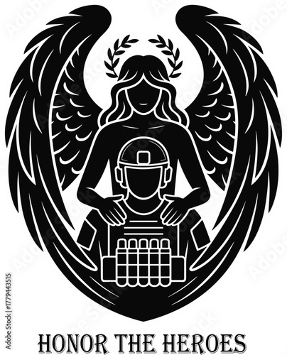 Angelic protector embracing soldier with laurel wreath and ammunition wings helmet.