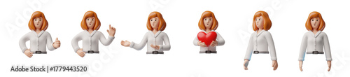 Businesswoman white blouse in presenting pose, showing heart in hands, 3D office manager character half body vector set