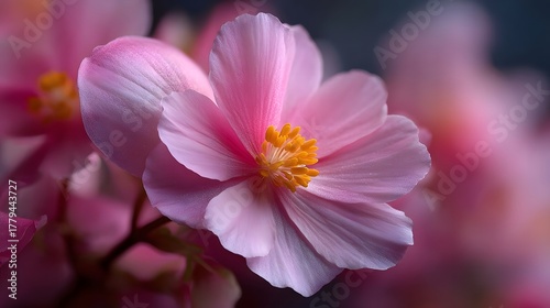 ro view of vibrant pink begonia flower petals captured with soft focus and shallow depth of field showcasing delicate textures and natural light for a serene botanical study