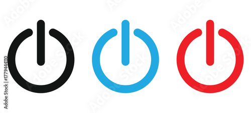 Power On Icons in Black, Blue, and Red for Tech, Energy, and Innovation Concepts with Simple Symbolism for Design and User Interface Projects