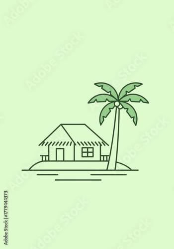 A minimalist line art illustration of a tropical hut and a palm tree on a small island, rendered in green on a light green background.