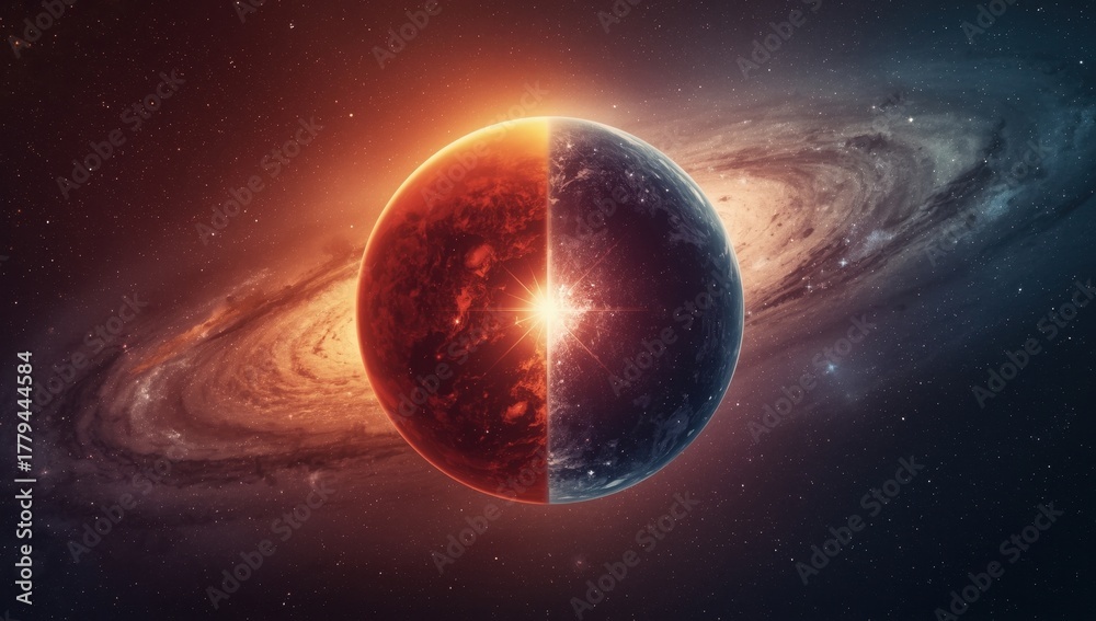 Fototapeta premium A mesmerizing view of a planet split in half, with a galaxy swirling in the background