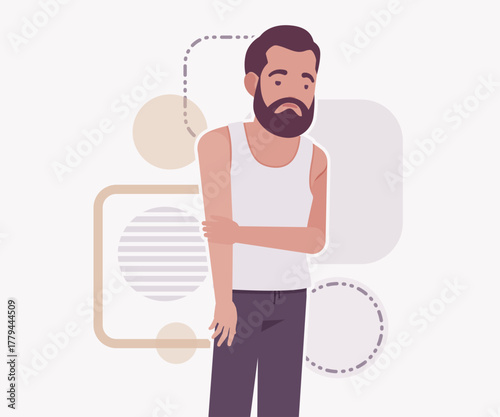 Middle aged man in home casual relaxed thinking worry pose. Bearded guy sleeveless wifebeater undershirt, comfy lounge pajama jogger pants, vector flat style cartoon illustration, creative background