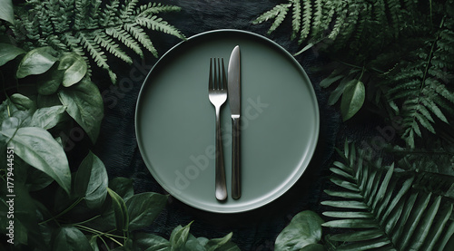 The knife and fork on the green plate