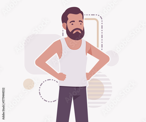 Middle aged man in home casual relaxed confident pose. Bearded guy sleeveless wifebeater undershirt, comfy lounge pajama jogger pants, vector flat style cartoon illustration, creative background