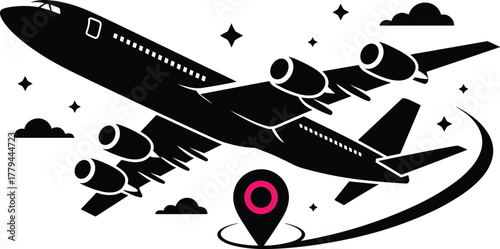 Jetliner flight path with clouds and location marker airplane travel.