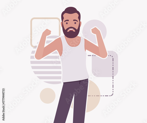 Middle aged man in home casual relaxed wear strong pose. Bearded guy sleeveless wifebeater undershirt, comfy lounge pajama jogger pants, vector flat style cartoon illustration, creative background