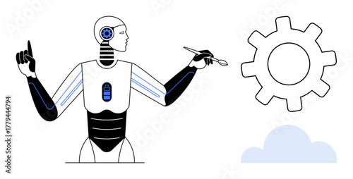 Humanoid robot holding a stylus, pointing towards a gear and cloud. Ideal for AI, technology, innovation, automation, process, creativity and digital transformation. Clean simple flat metaphor