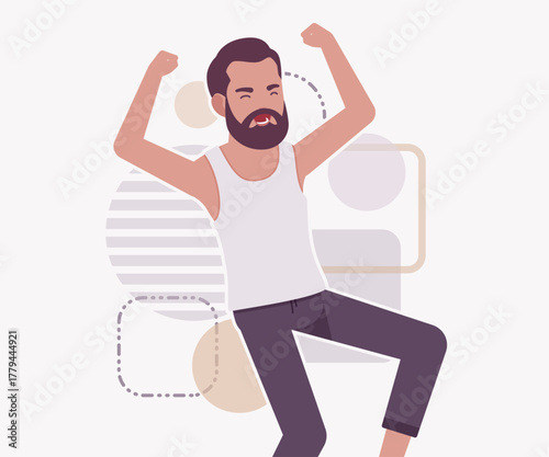 Middle aged man in home casual relaxed wear anger pose. Bearded guy sleeveless white wifebeater undershirt, comfy lounge pajama jogger pants, vector flat style cartoon illustration creative background